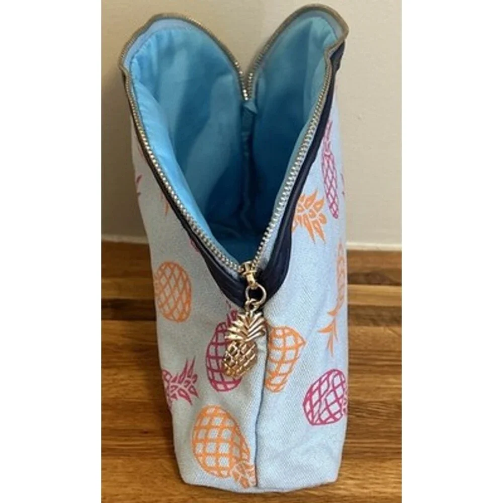 Escada Cosmetic Case Travel Bag Miami Blossom Blue with Gold Pineapple Charm